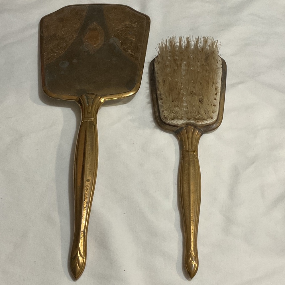 Vintage Gold Hand Mirror and Brush Set